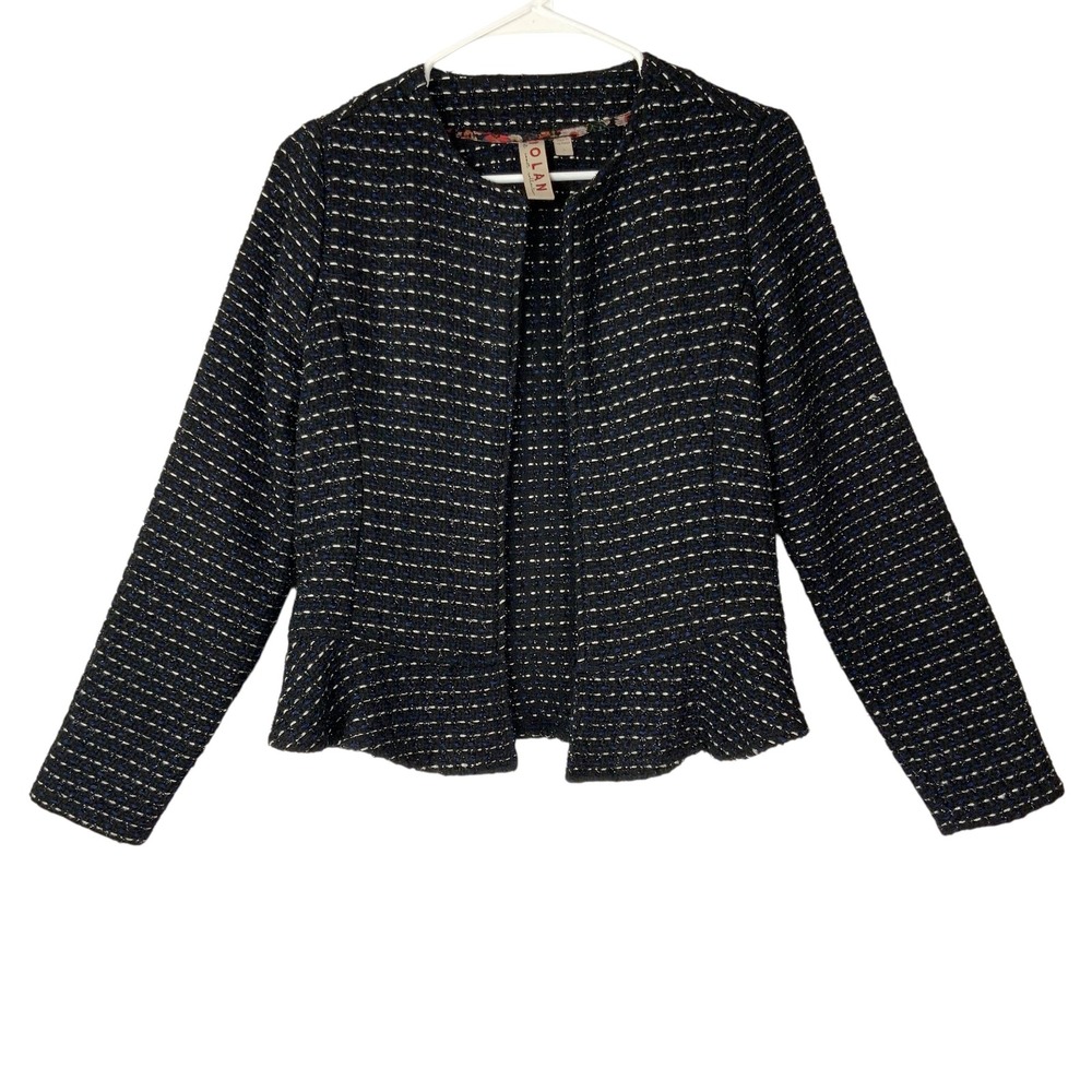 Dolan Left Coast Black Tweed Peplum Jacket S Open Front Collarless Long Sleeve